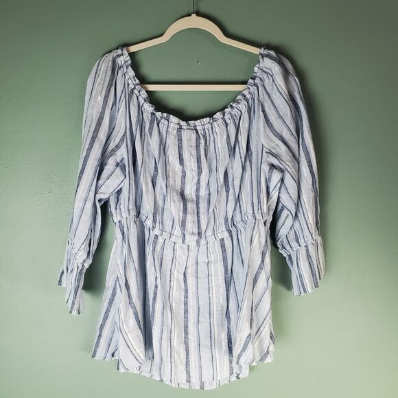 Lane Bryant Blue White Metallic Stripe Linen Blend Coastal Ruffle Top Size 18/20 - Picture 2 of 6
